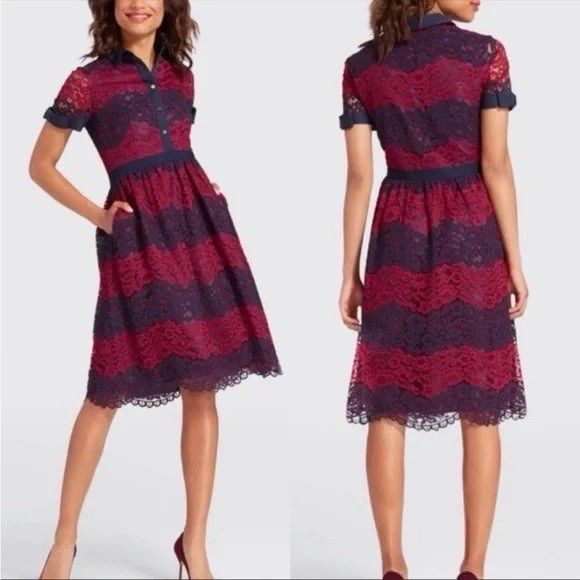 Draper James Dresses & Skirts - Draper James Navy Blue & Pink Floral Lace Striped Collared Dress Size 4